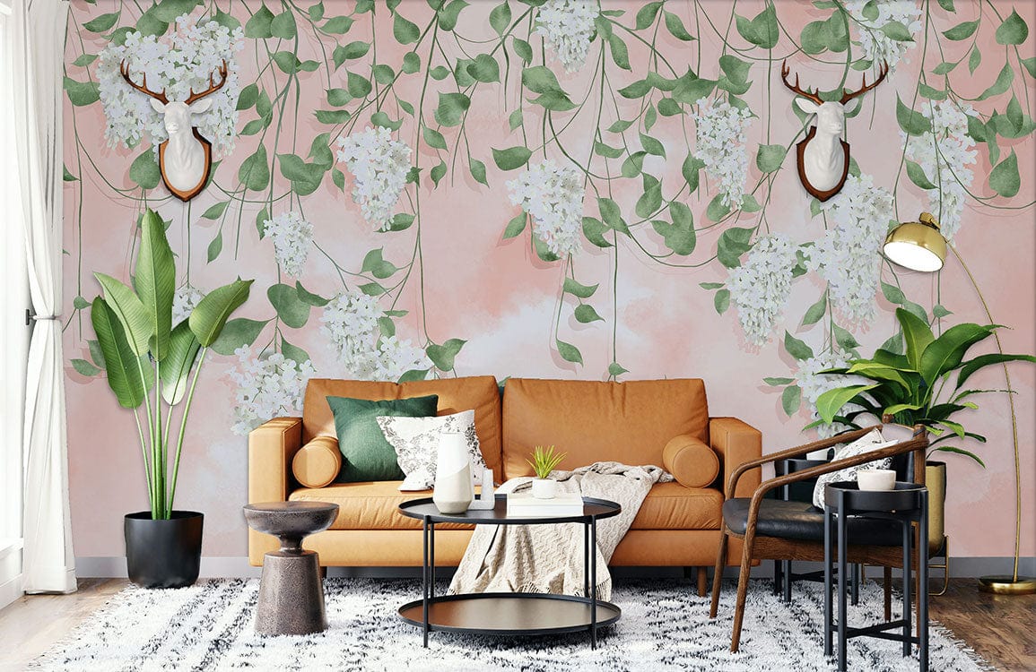 Pastel floral wallpaper with elegant sofa, deer accents, modern coffee table, and plush rug in living room.