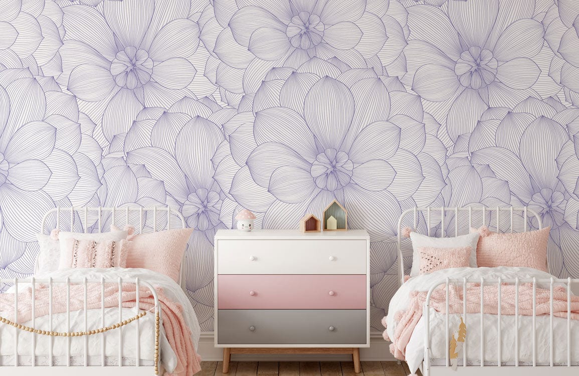 Lavender line art wallpaper in bedroom with twin white metal beds, pink accented dresser, wooden flooring.