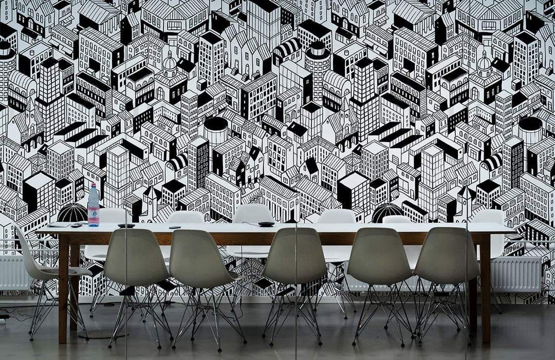 Monochrome Urban Cityscape Wallpaper in dining room with grey chairs, wooden table, contemporary design.