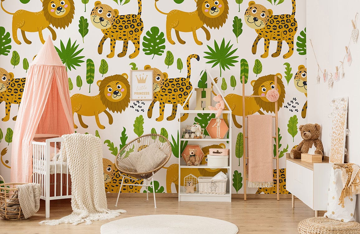 Cheerful jungle safari animal mural wallpaper, nursery, pink canopy, white crib, wooden flooring, cosy decor.