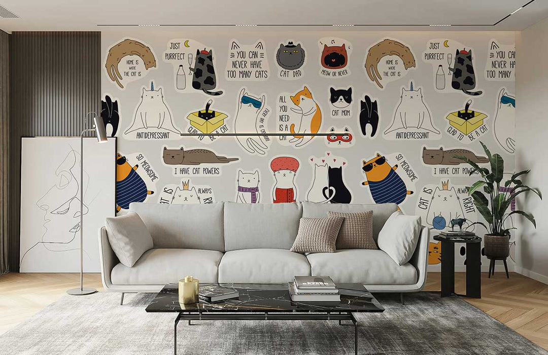 Playful cat-themed mural wallpaper in children's room with grey sofa, modern coffee table, wooden flooring.