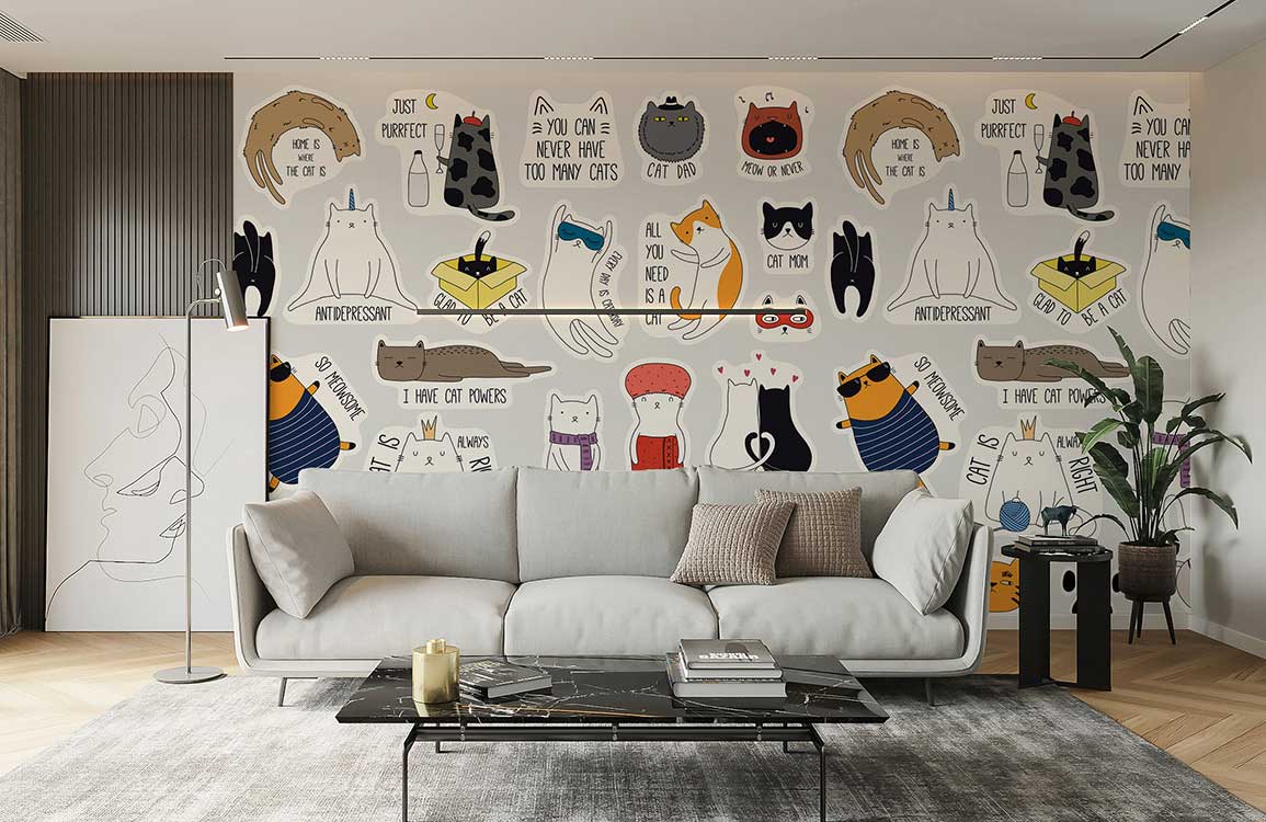 Playful cat-themed mural wallpaper in children's room with grey sofa, modern coffee table, wooden flooring.