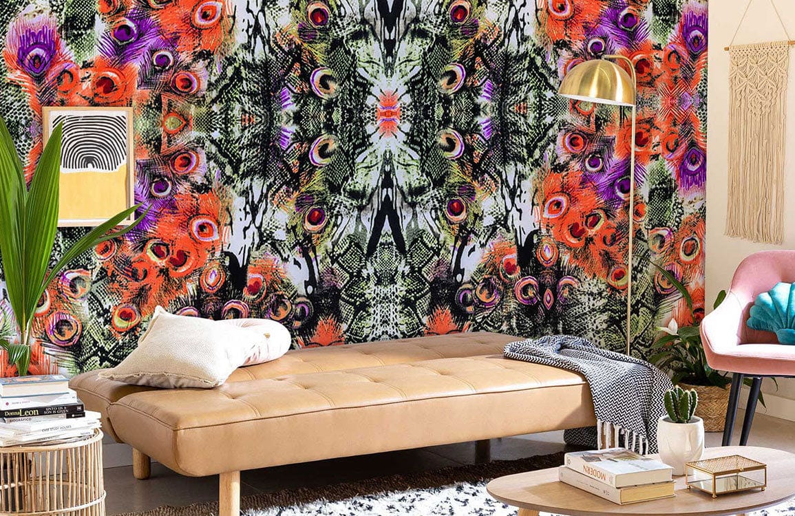 Exotic Jungle Multicolour Kaleidoscope Wallpaper with tan leather sofa and gold lamp in modern lounge.