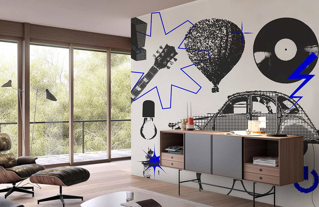 Retro blue urban art wallpaper in modern living room with wood flooring and sleek grey cabinets.