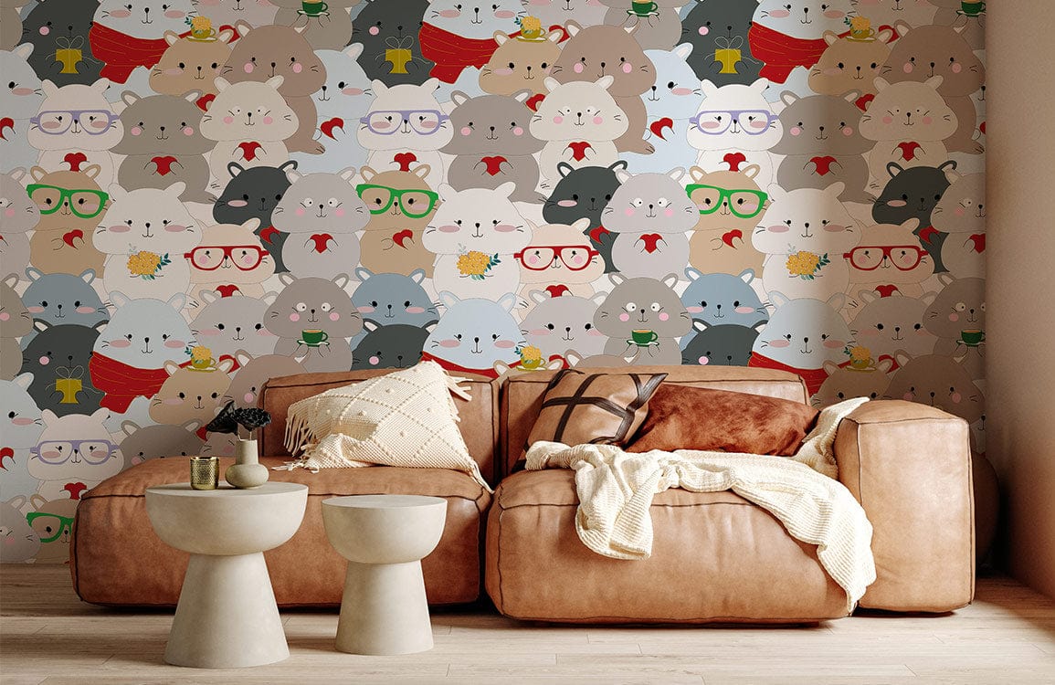 Quirky cartoon animal wallpaper, multicolour; brown leather sofa; light wood flooring; modern kids' room.