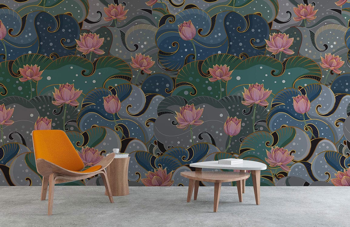 Elegant Lotus Blossom Grey and Teal Mural Wallpaper, mid-century chair, modern coffee table, grey flooring.