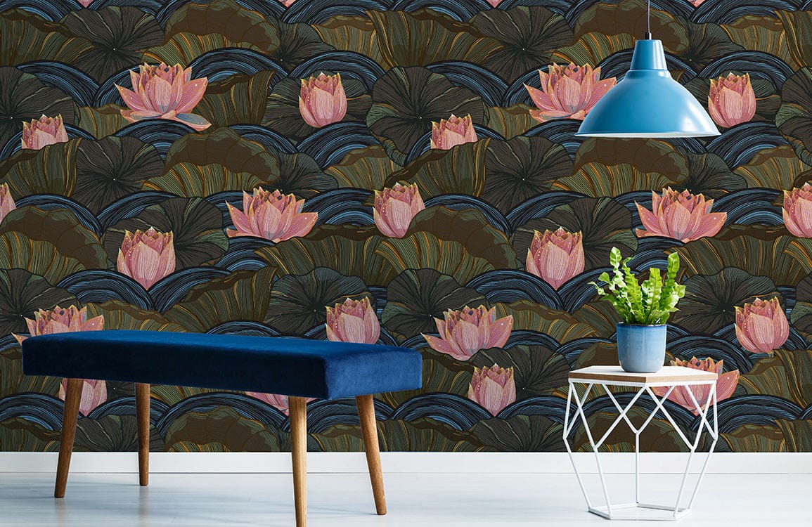 Art Deco Lotus Blossom mural, blue bench, geometric side table, pendant lamp, elegant living room decor.