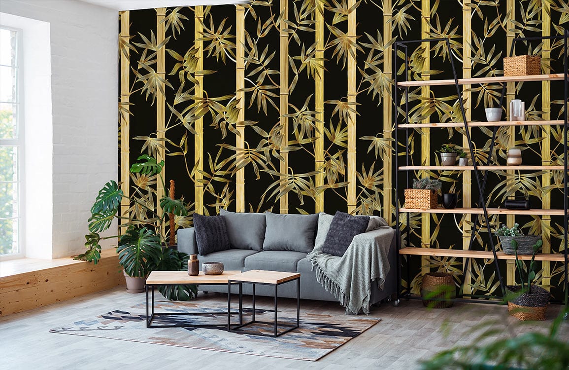 Luxurious bamboo forest wallpaper in black and gold, grey sofa, light wooden flooring, modern living room.
