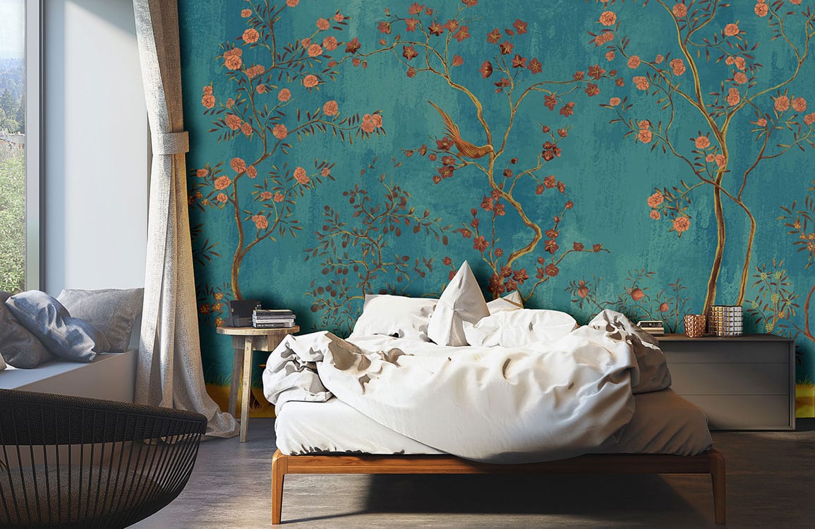Elegant turquoise floral mural wallpaper with birds, pink blossoms; luxurious bedroom setting, white bedding, wooden flooring.