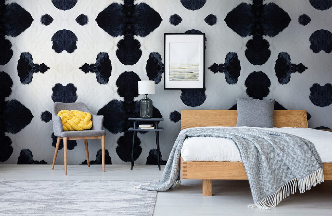 For bedroom design, a milch cow skin texture wallpaper mural is used.