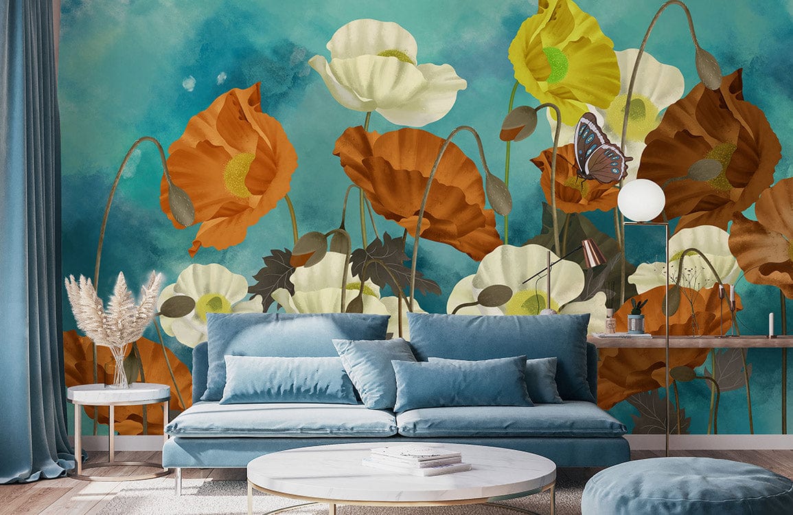 Teal and orange poppy butterfly mural wallpaper, blue sofa, wooden flooring, living room setting.