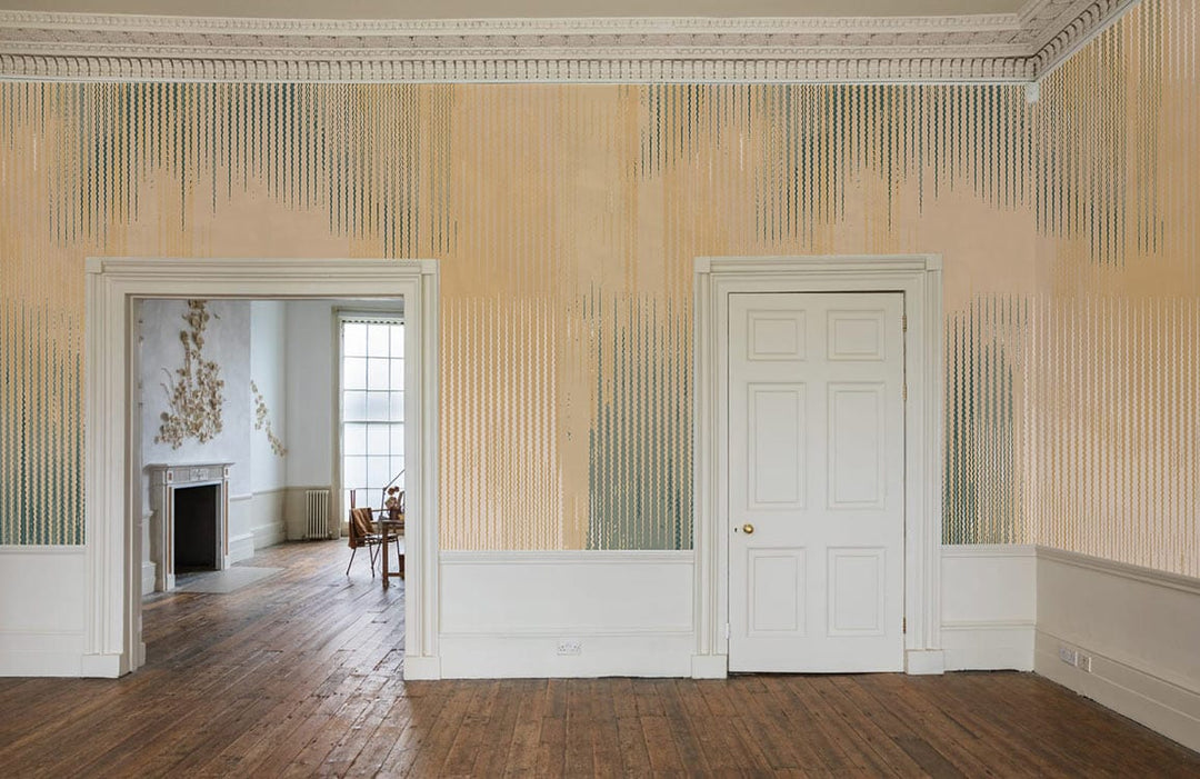 Serene Abstract Striped Wallpaper in earthy tones, elegant living room, wooden flooring, white moulding.