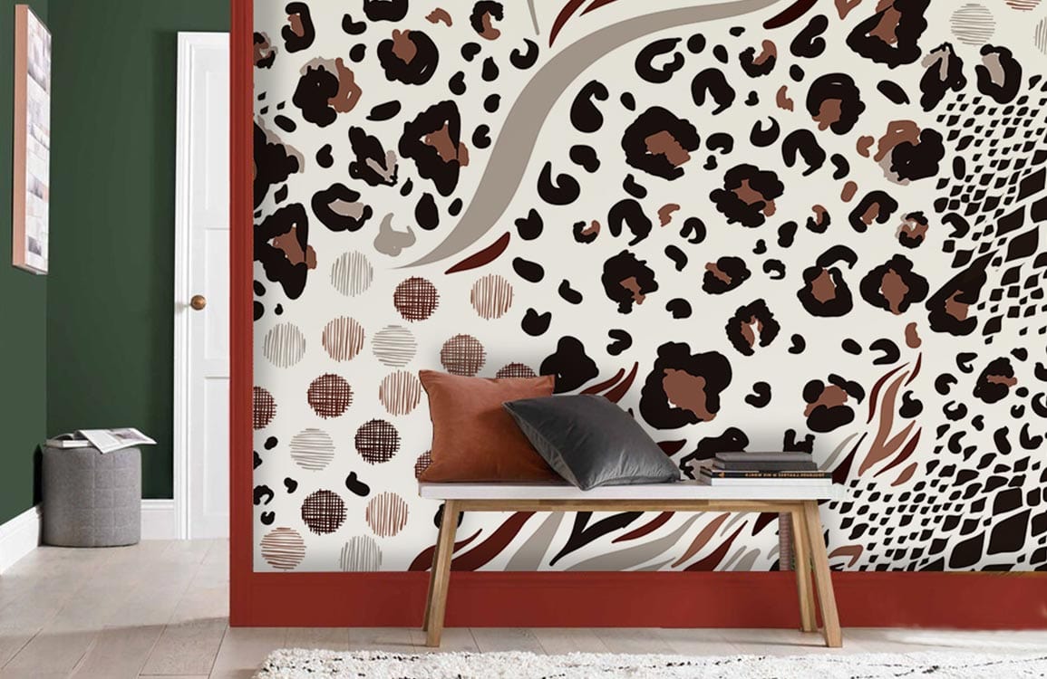 Exotic Jungle Safari Animal Print Mural Wallpaper with earthy tones, bench, parquet flooring, green walls.