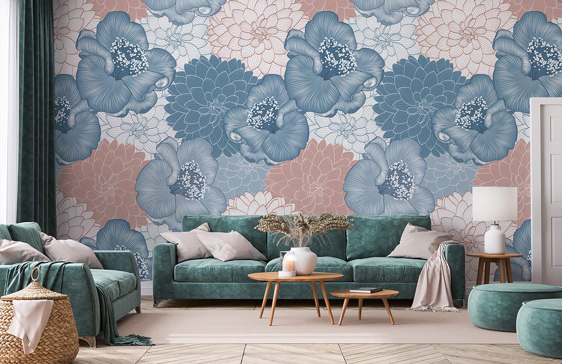 Vintage floral wallpaper with blue, peach tones; green velvet sofa; light wood flooring; living room.