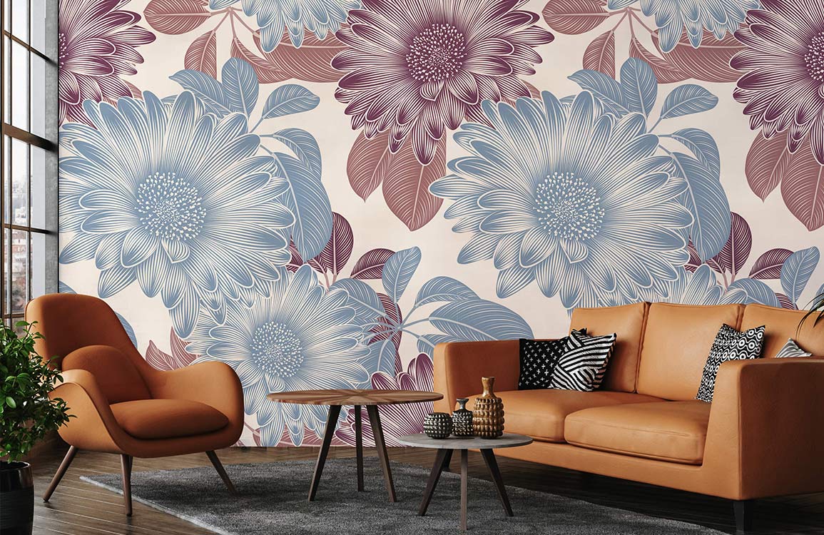 Vintage floral wallpaper, blue and burgundy, elegant, brown leather sofa, modern chairs, wooden floors.