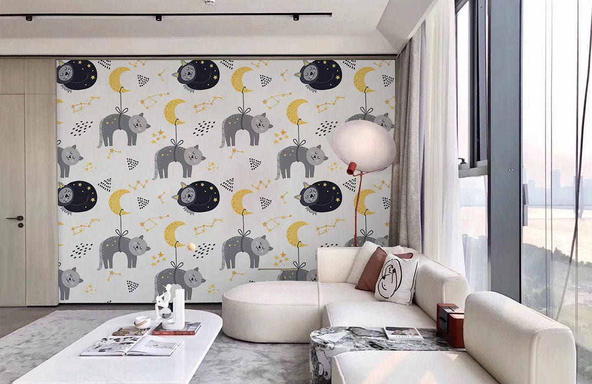 Grey Bear and Moon nursery wallpaper in contemporary living room, cream sofa, modern floor lamp, large windows.