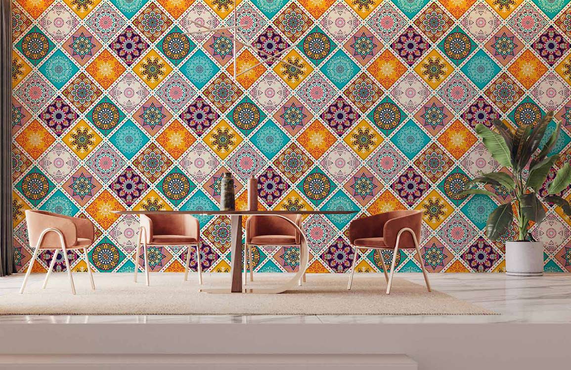 Vibrant geometric mosaic wallpaper with Moroccan style, mid-century chairs, wooden table, modern dining room.