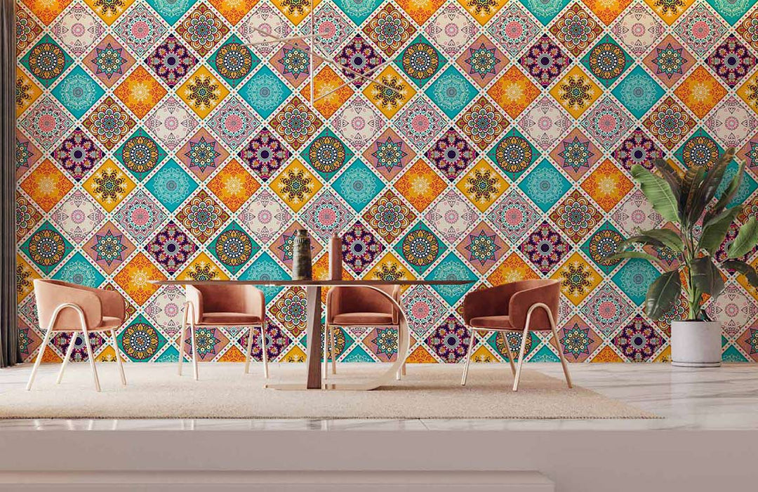 Vibrant geometric mosaic wallpaper with Moroccan style, mid-century chairs, wooden table, modern dining room.