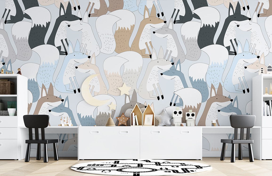 Cosy Earth-Toned Foxes Wallpaper in children's room, featuring whimsical woodland design and minimalist furniture.