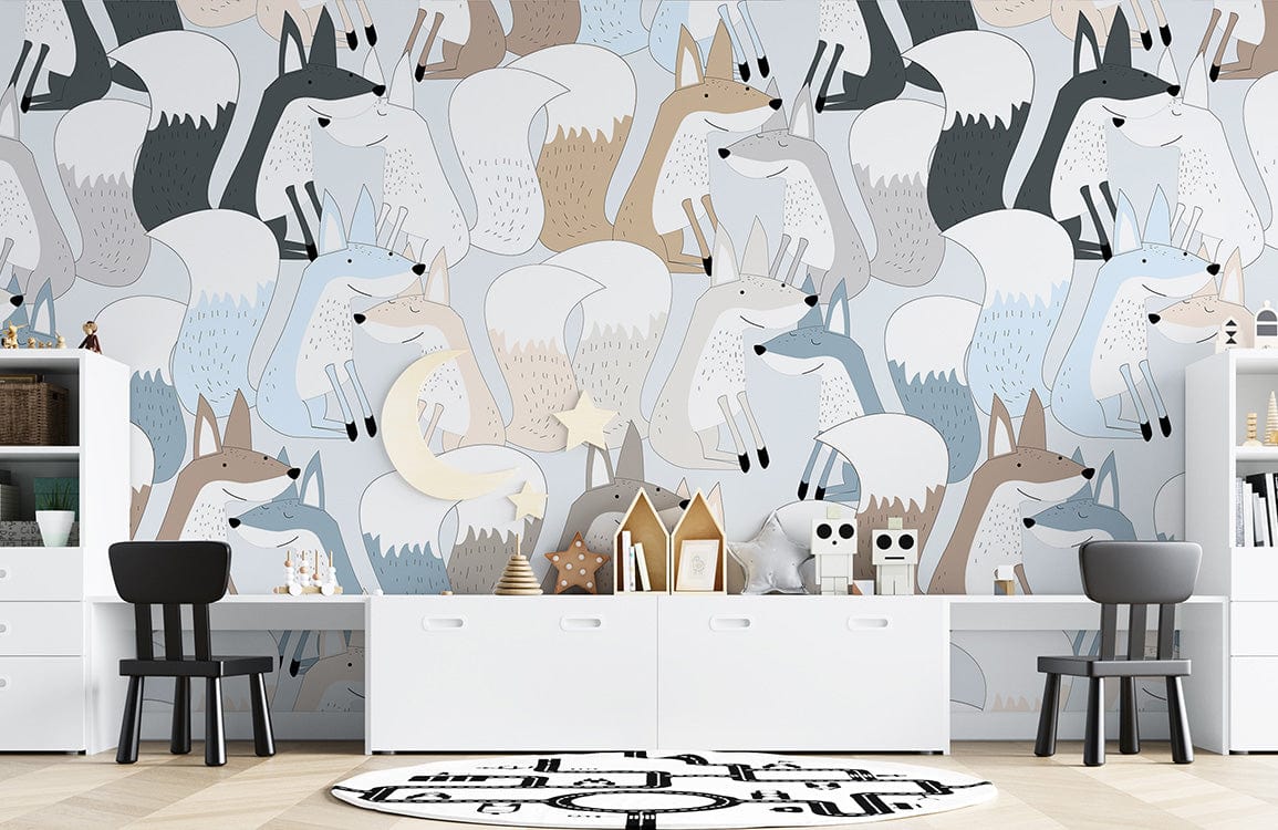 custom wallpaper mural for kid's room decoration, a design of foxes in pastel colours