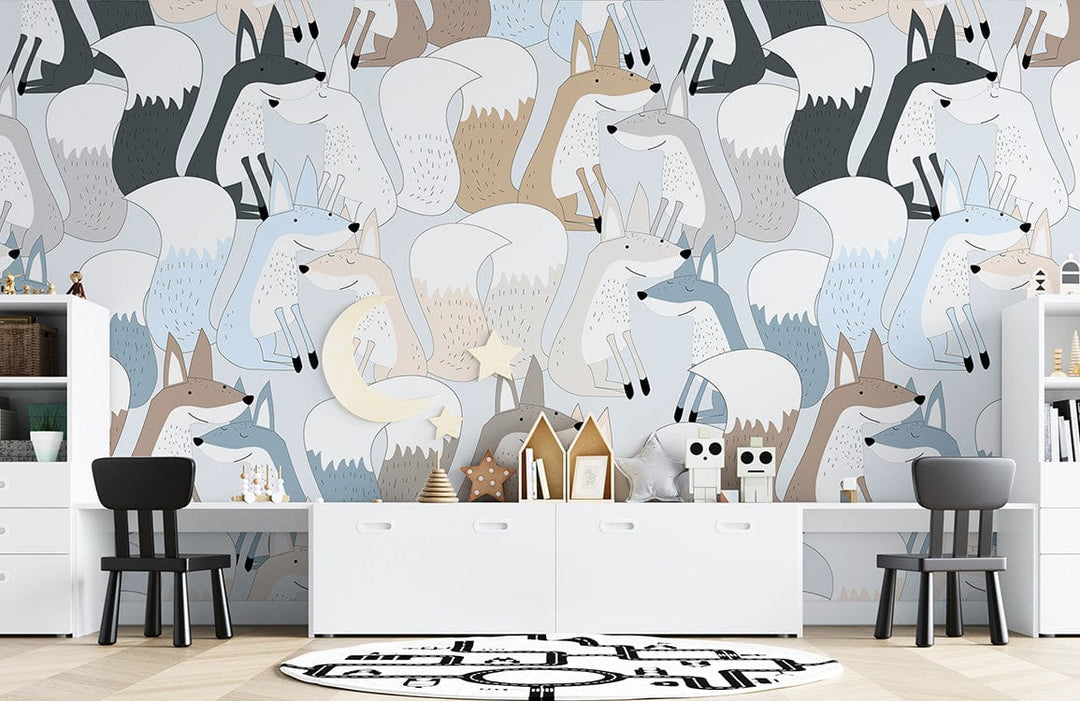 Cosy Earth-Toned Foxes Wallpaper in children's room, featuring whimsical woodland design and minimalist furniture.