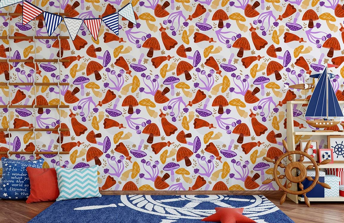 Vibrant orange and purple mushroom wallpaper in children's room with nautical decor and wooden flooring.