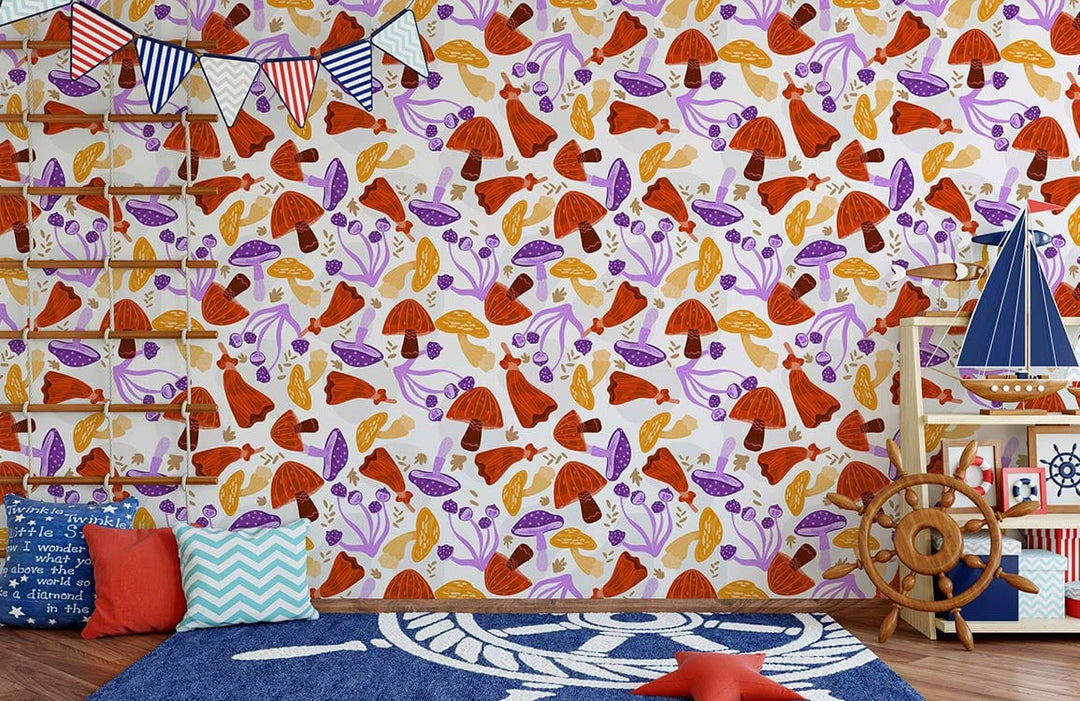 Vibrant orange and purple mushroom wallpaper in children's room with nautical decor and wooden flooring.
