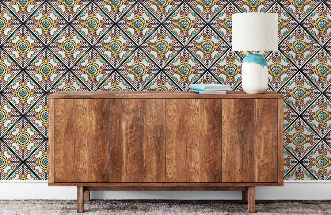 Vibrant retro geometric wallpaper in modern room with wooden sideboard and stylish ceramic lamp.
