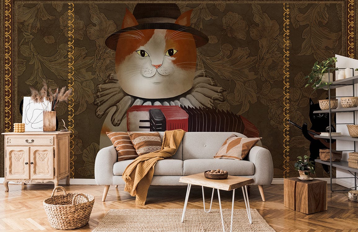 Vintage Musical Cat Wallpaper in rustic room, features light grey sofa, wooden flooring, and cosy decor.