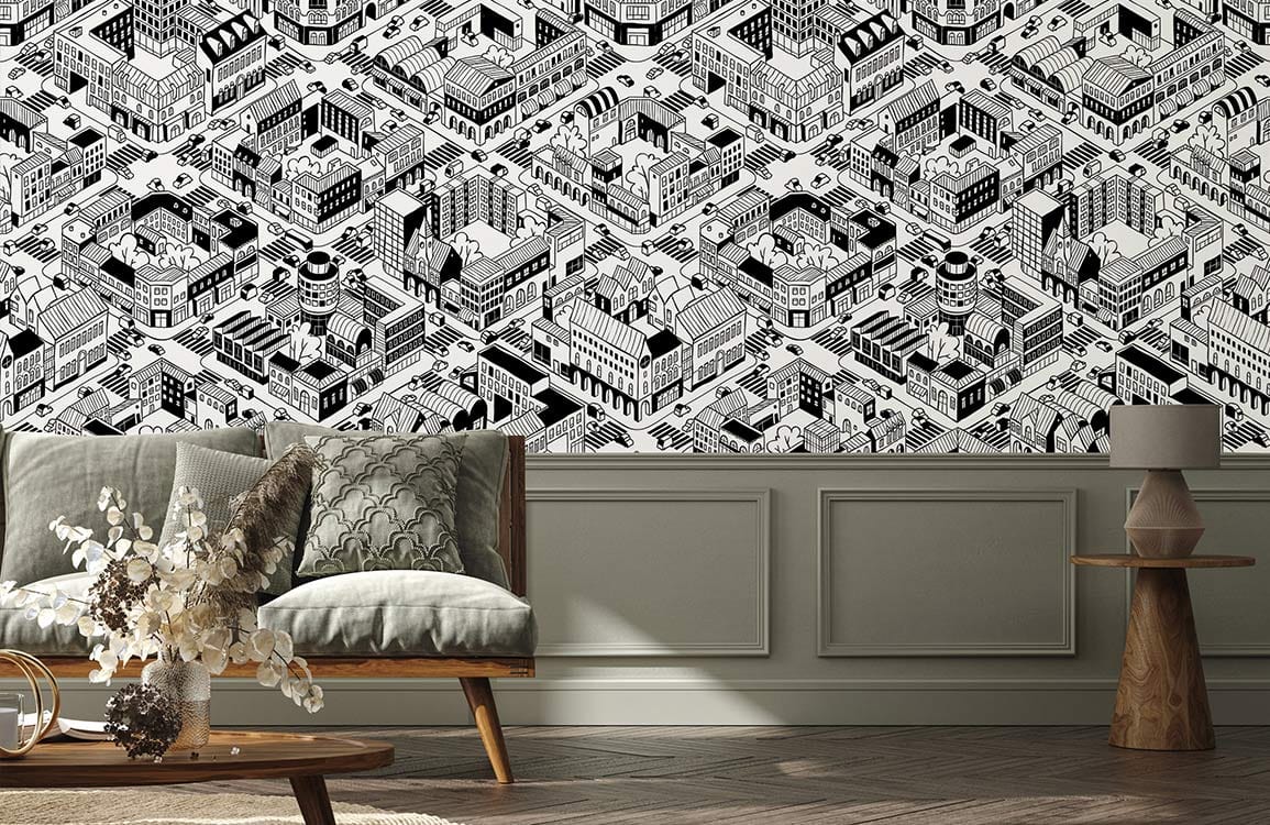 special living room design, cool city sketch wallpaper mural