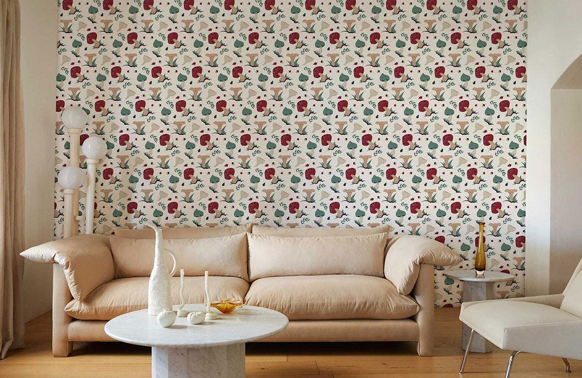 Whimsical Animal Forest Wallpaper, muted colours; rustic sofa, light wood flooring, modern living room.