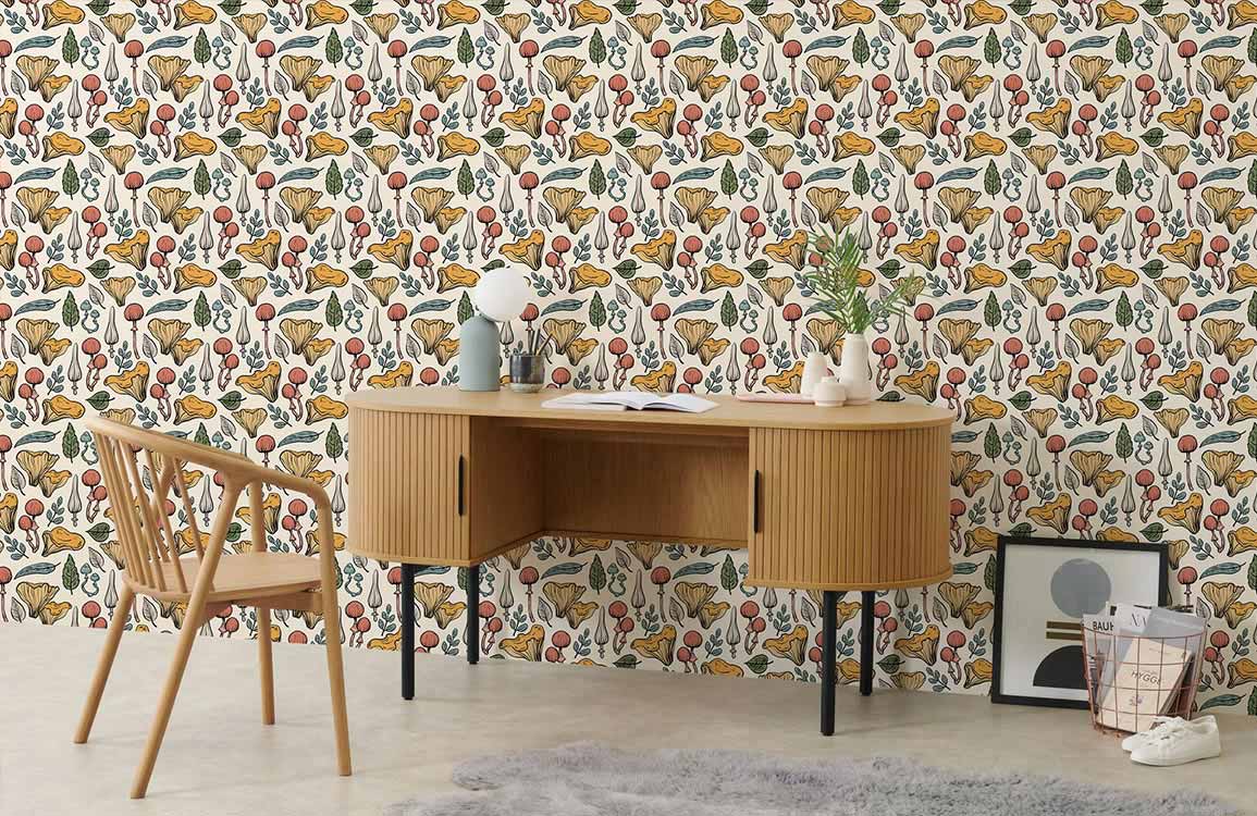 Vintage botanical wallpaper with earthy autumn colours, wooden desk and chair, light flooring, cosy rug.