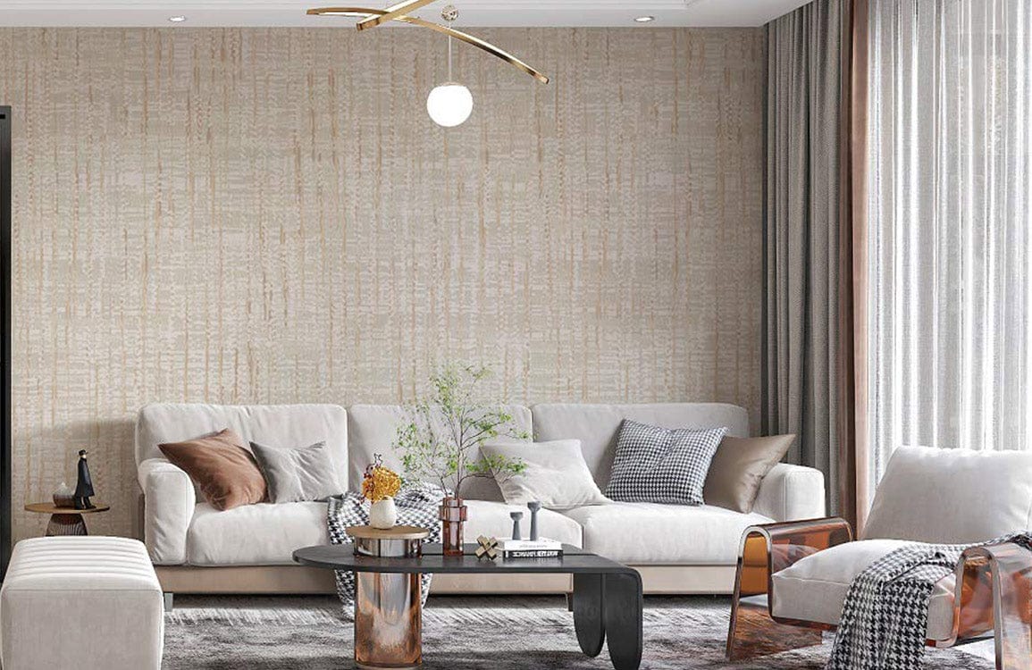 Beige linen-effect wallpaper with cream sofa, modern armchair, wooden flooring, and elegant decor in living room.