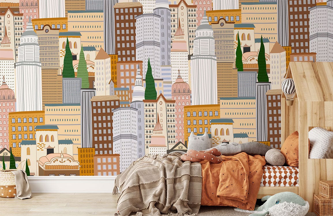 Urban cityscape mural wallpaper with earth tones, featuring wooden kids' bed, modern architectural design.