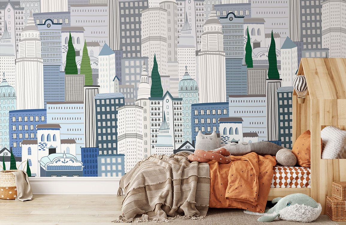 Cityscape Serenity wallpaper mural in child's room, wooden bed structure, neutral bedding, light wood flooring.