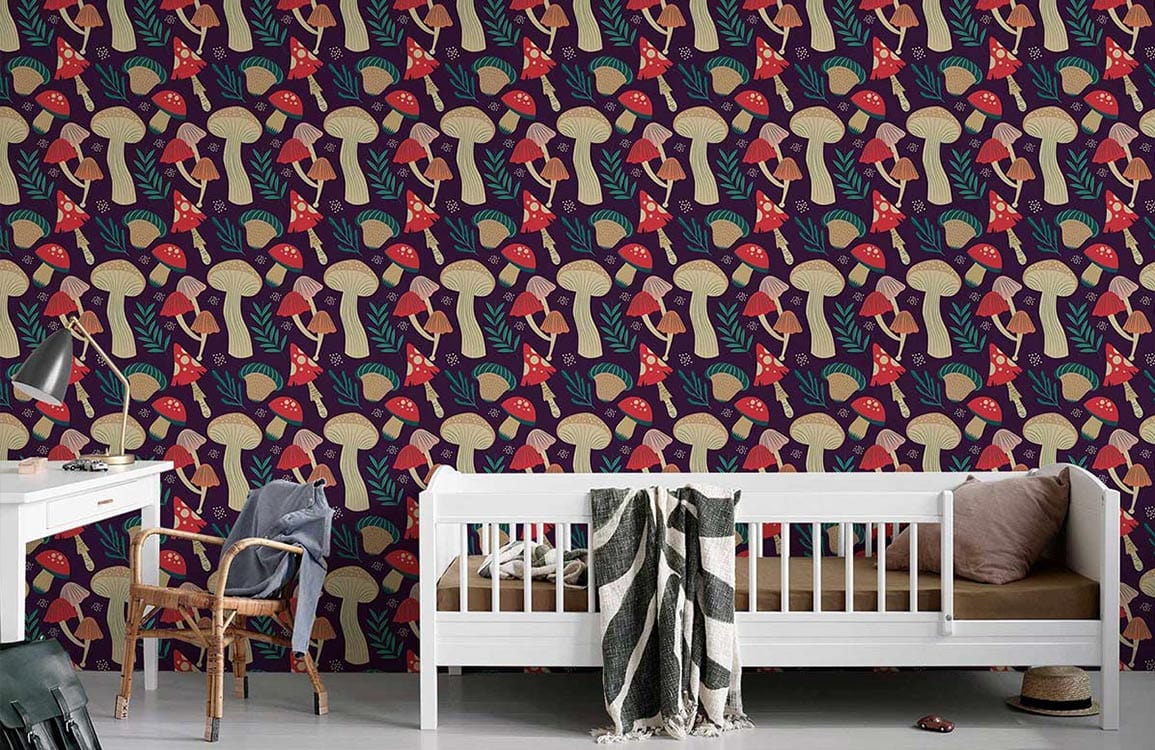 Whimsical multicolour mushroom wallpaper in nursery with white crib, wooden chair, grey flooring, lamp table.