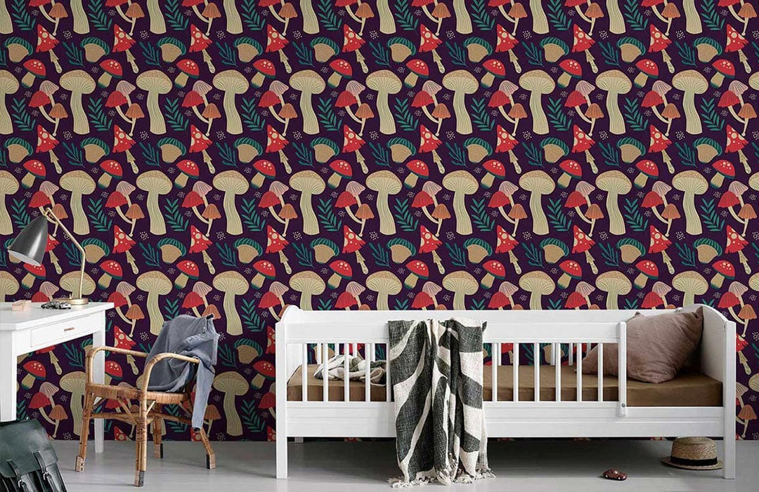 Whimsical multicolour mushroom wallpaper in nursery with white crib, wooden chair, grey flooring, lamp table.