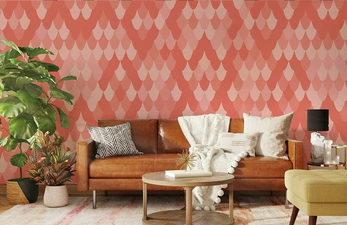 Coral geometric retro scales wallpaper, leather sofa, stylish lounge decor, wooden flooring, modern design.