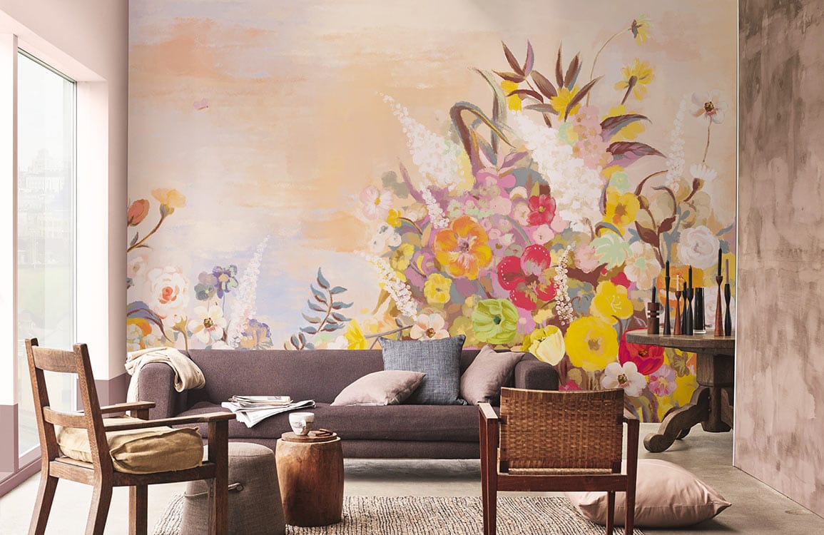Stylish living room with Colourful Floral Watercolour Mural, neutral sofa, wooden chairs, modern decor.