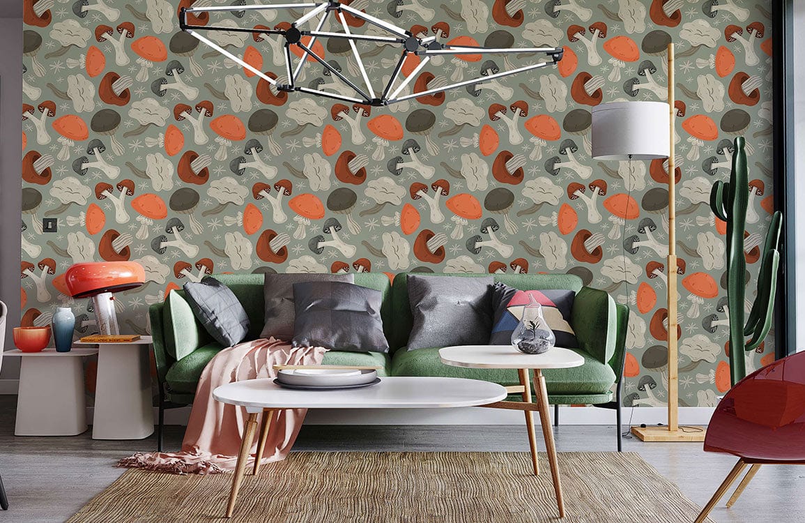 Vintage Mushroom Motif Wallpaper in Earthy Tones, green sofa, modern lights, rustic wood flooring.