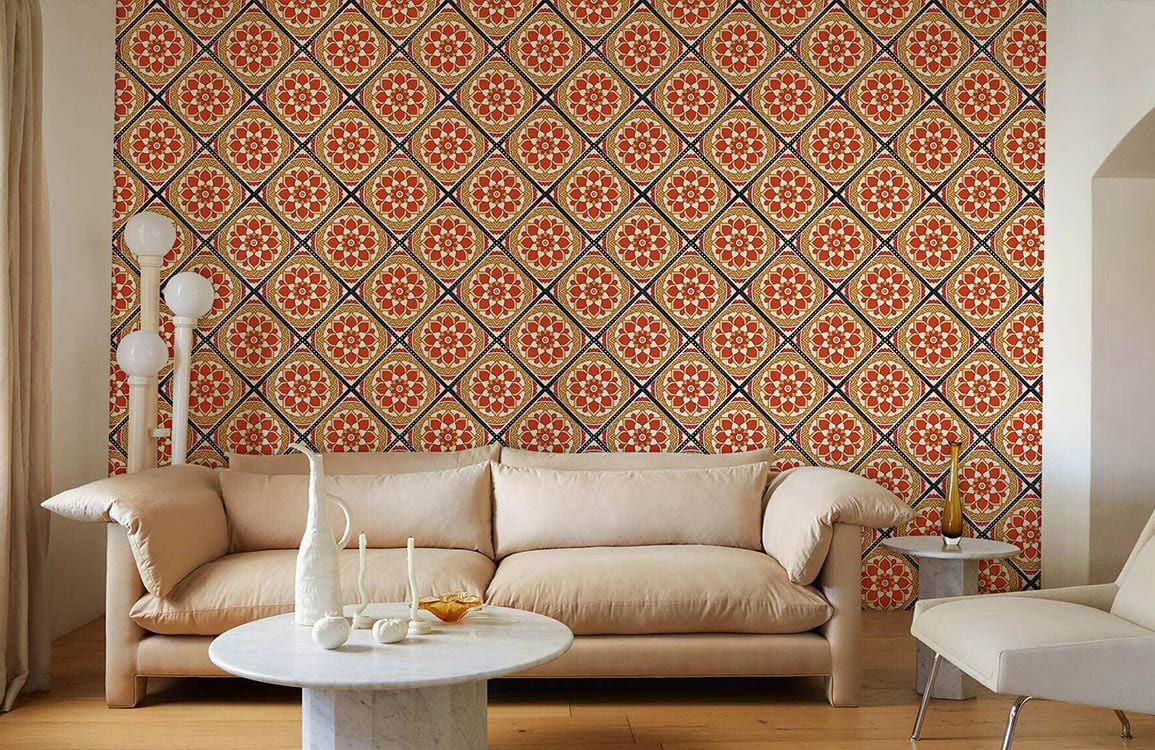 bright red and orange circle flower pattern wallpaper mural for living room