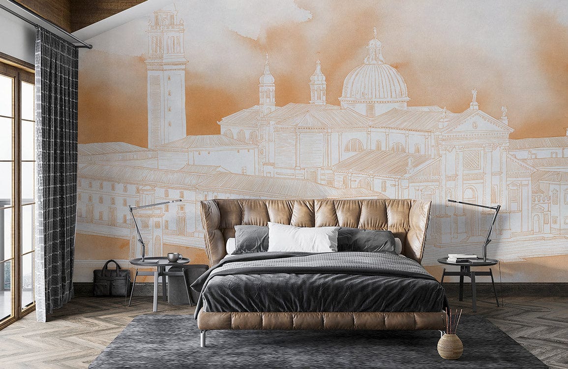 Venetian Sunset mural wallpaper in bedroom with elegant sofa, parquet flooring, and grey rug.