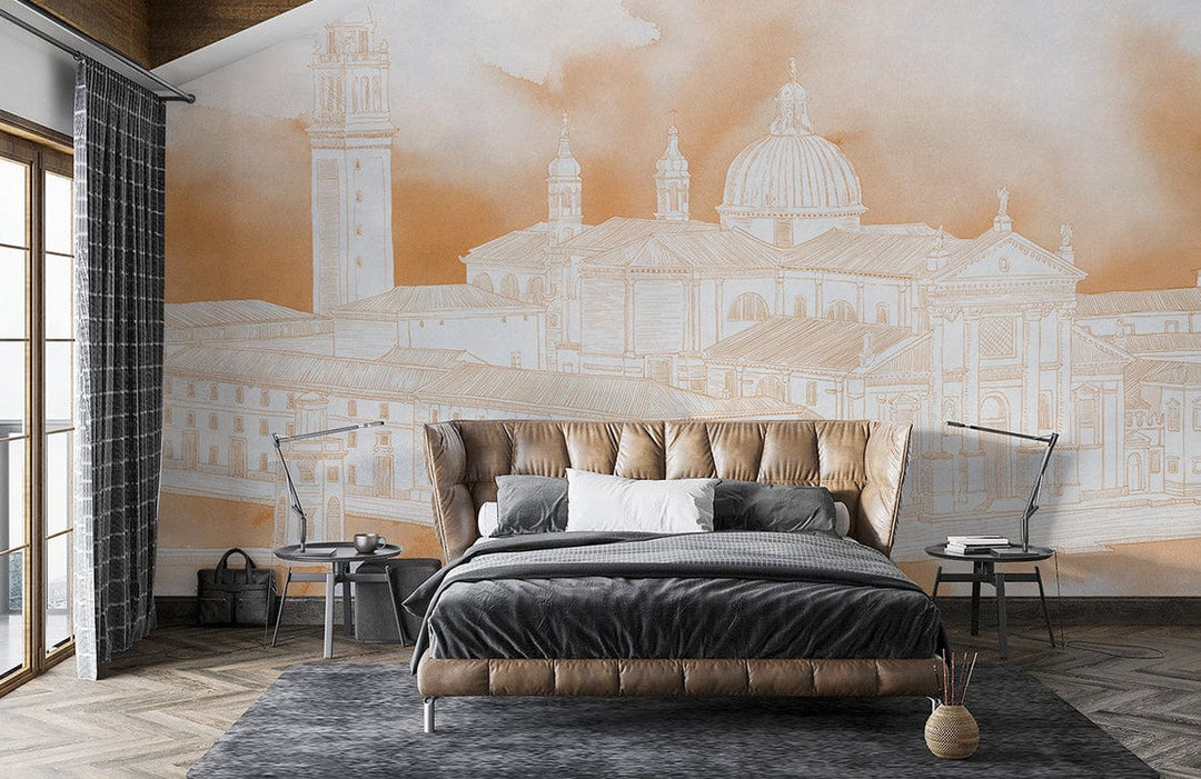 Venetian Sunset mural wallpaper in bedroom with elegant sofa, parquet flooring, and grey rug.