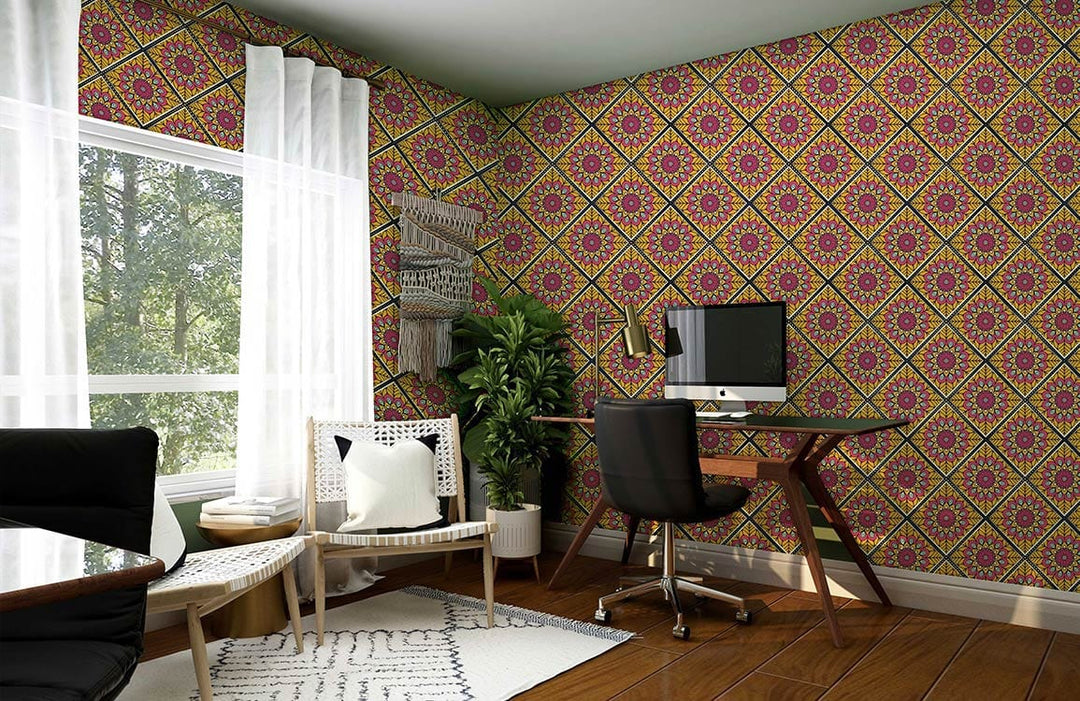 Vibrant geometric floral wallpaper in home office with wooden desk, modern chair, and natural light.