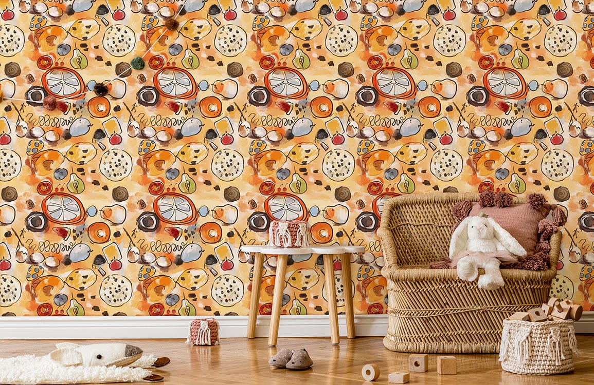 Spice and Citrus Delight wallpaper: vibrant pattern, wicker chair, wooden flooring in cosy kitchen setting.