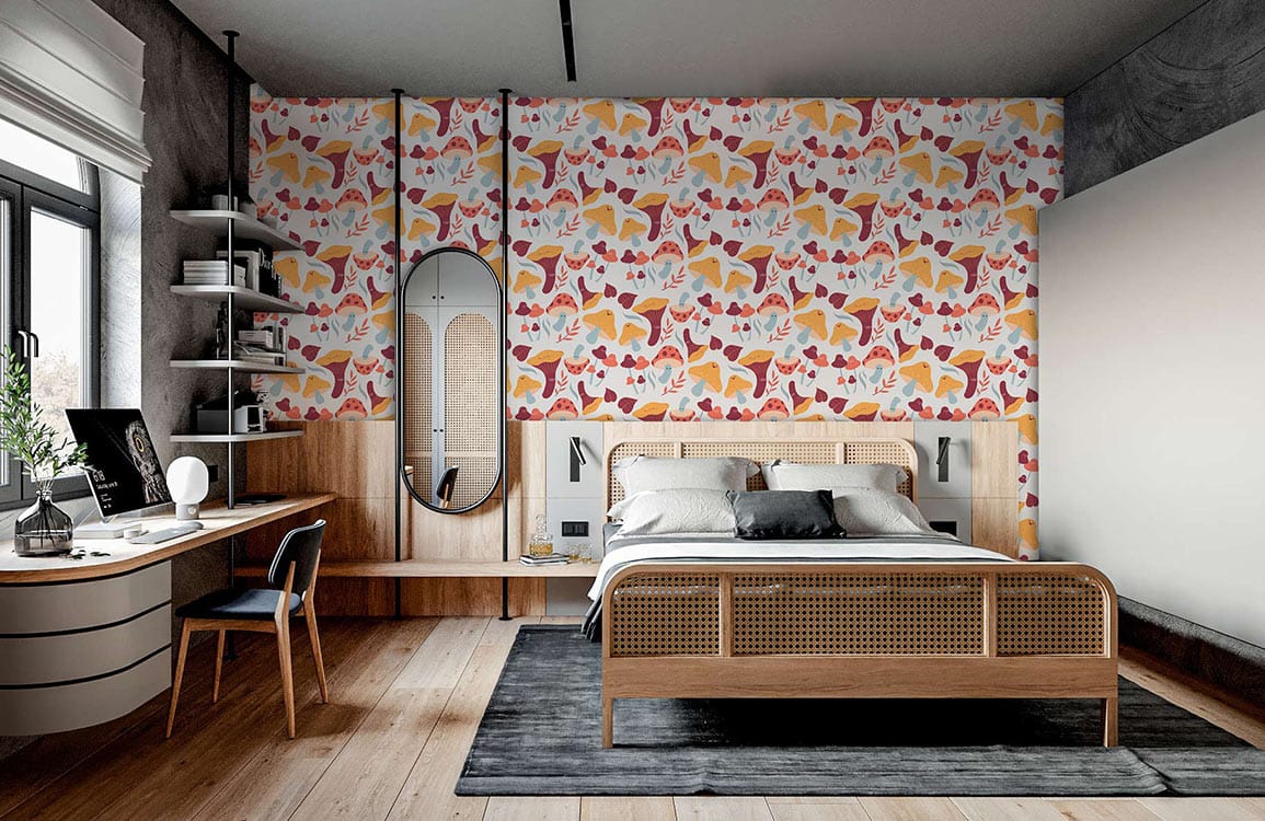 Cosy bedroom with Autumn Forest Foxes Wallpaper, wooden bed, modern desk, and light wooden flooring.