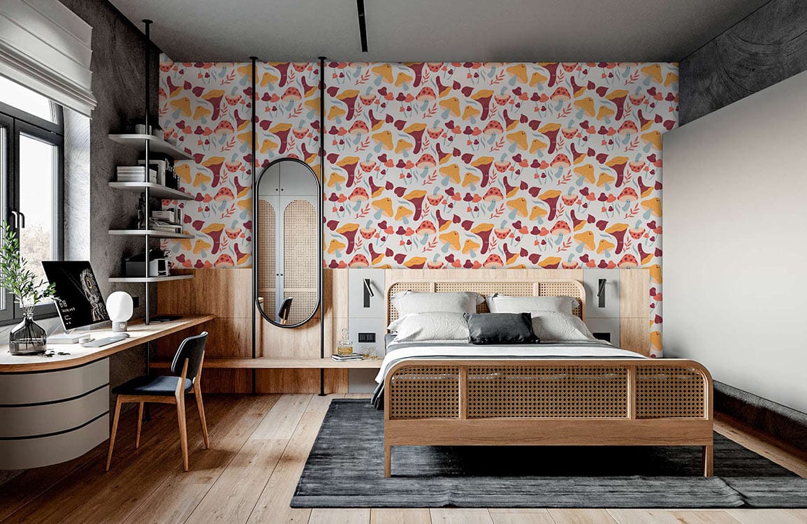 custom wallpaper mural for bedroom, a design of orange, brown and gray mushrooms