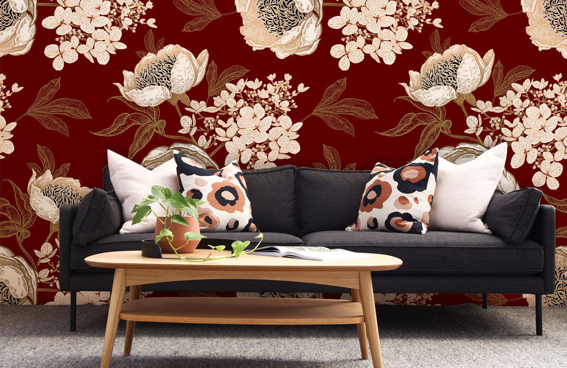 Elegant crimson floral wallpaper with beige peonies enhances classic interior, featuring dark sofa, wooden table.