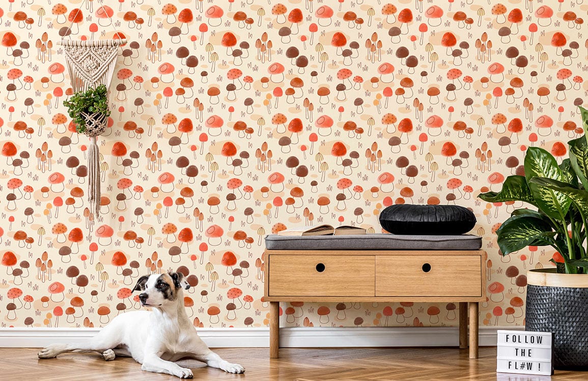 Autumnal Mushroom Delight wallpaper with earthy tones, wooden bench, herringbone flooring, relaxed dog lounging.