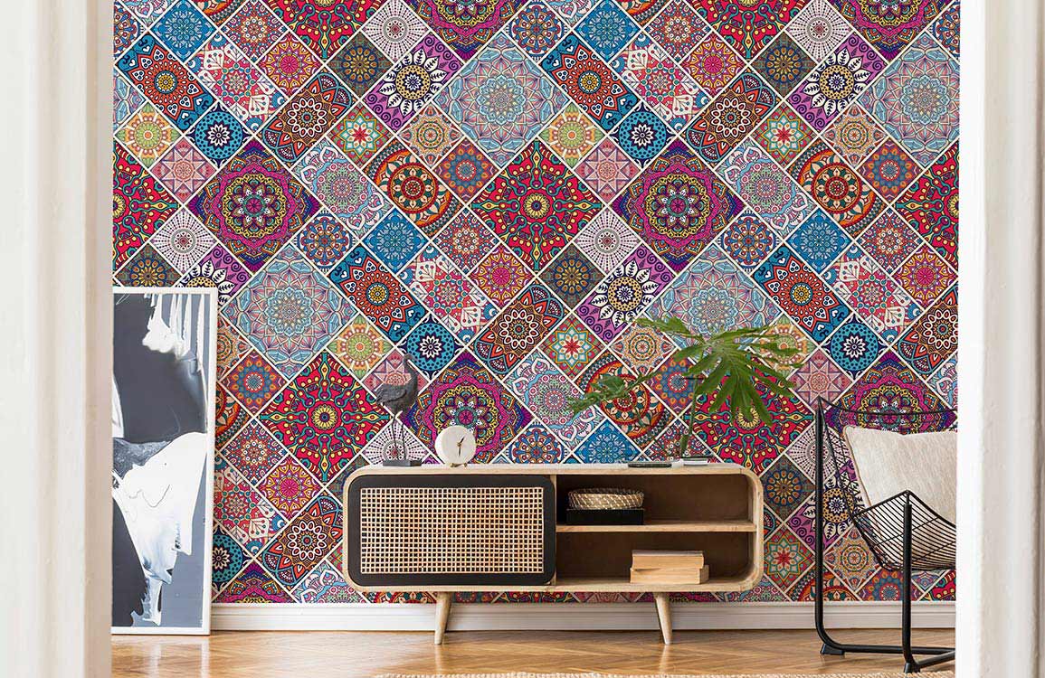 Vibrant multicolour geometric mural wallpaper with bohemian style decor, wooden flooring, modern console table.